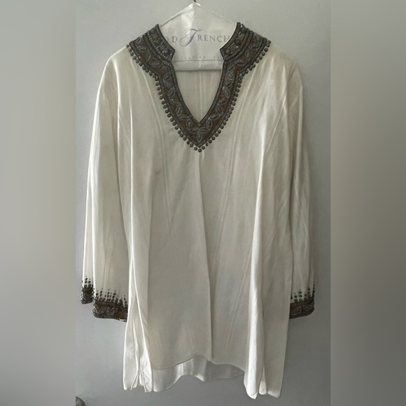 SULU SZ 12 TUNIC BEACH COVER-UP CREAM GAUZY FABRIC W/ BEADED TRIM - RUNS SMALL - Picture 1 of 6